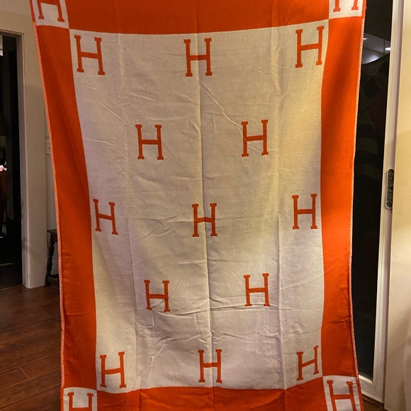no brand Other - “H” Cashmere Blend Avalon BLANKET THROW orange & cream NEW